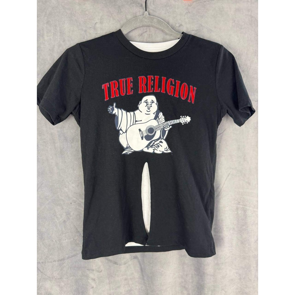 True Religion Graphic T-Shirt Buddha Guitar Black Deconstructed Size S